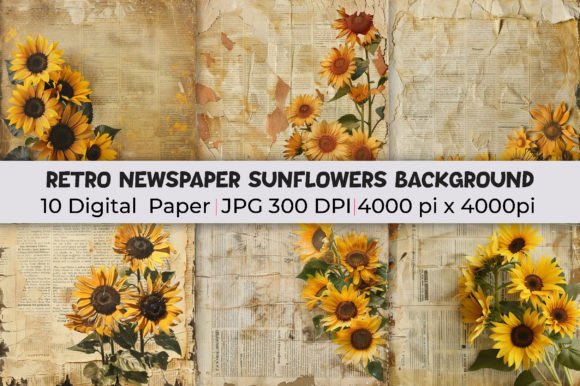 Retro Newspaper Sunflowers Backgrounds for Bold Designs