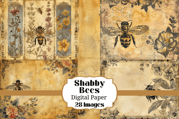 Unleash Vintage Charm with 28 Shabby Bees Digital Paper Backgrounds